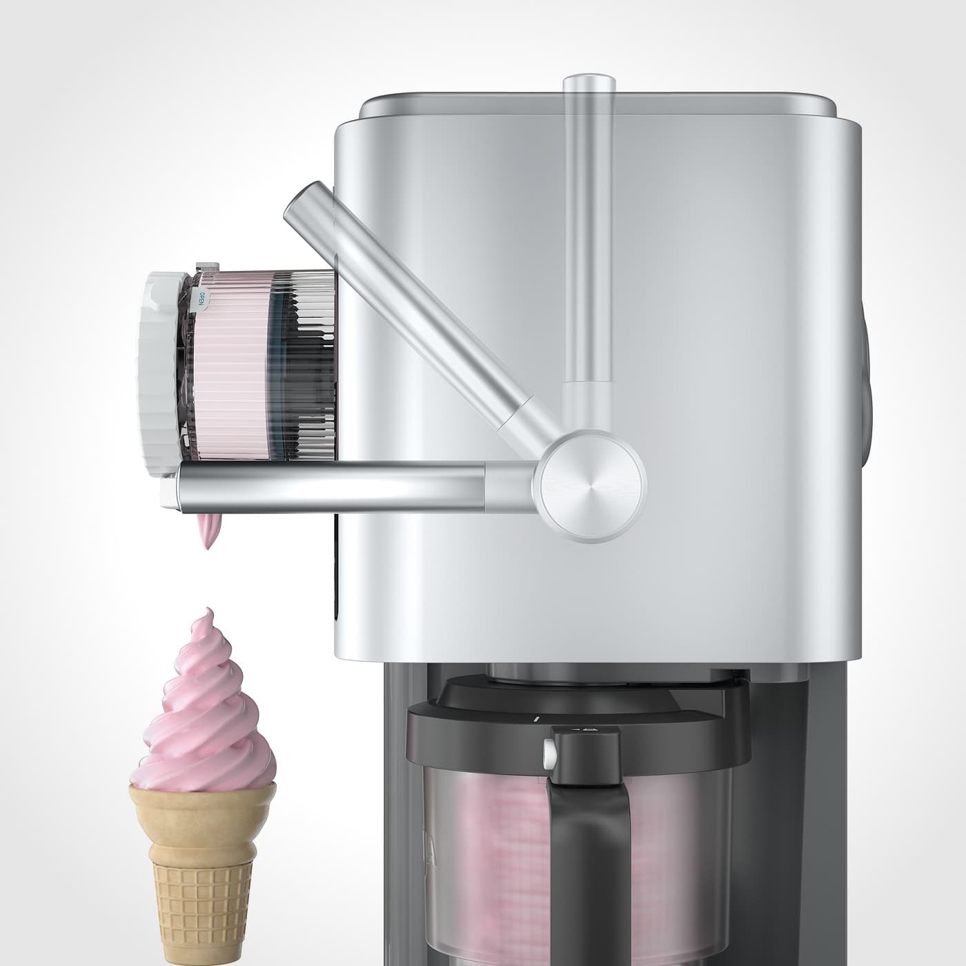 Close-up of the Ninja CREAMi&rsquo;s soft serve handle dispensing pink ice cream into a cone.